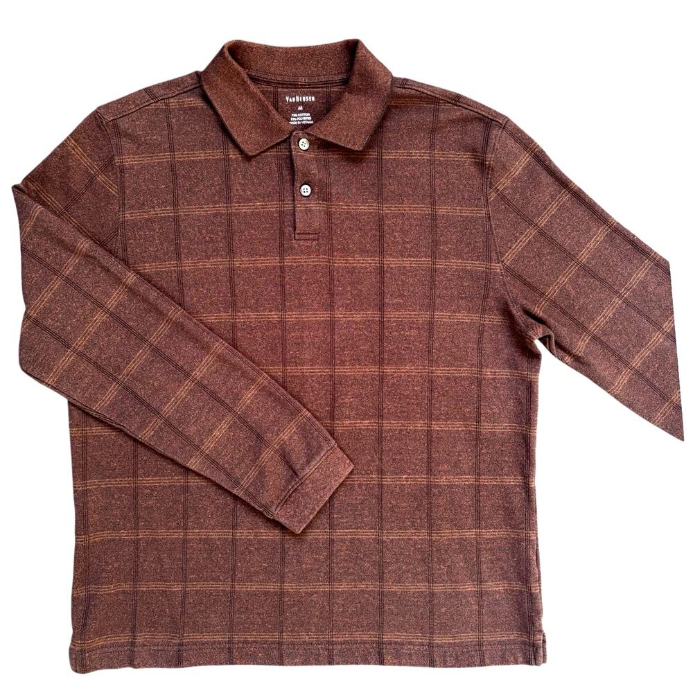 Van Heusen Men's M Brown Windowpane Plaid Long Sleeve Polo Shirt